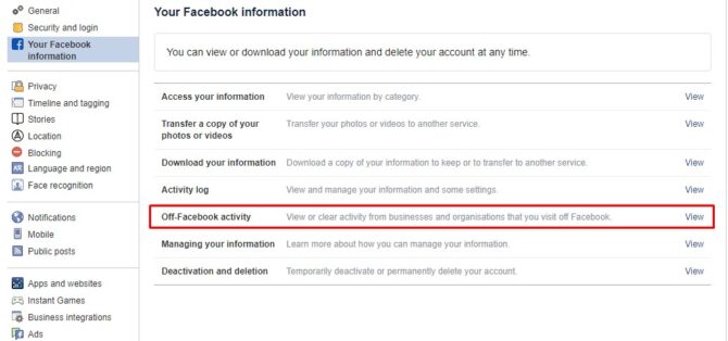 Your Facebook Information in setting