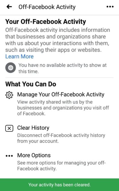 cleared history on App