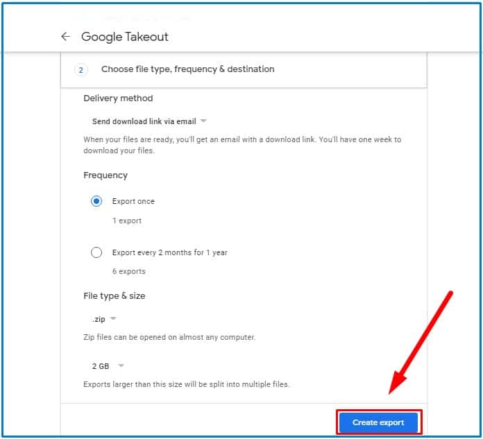 Create export from Google Photos