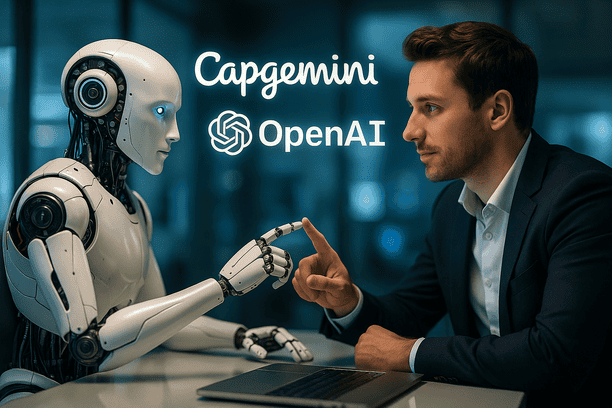 Capgemini Joins Forces With OpenAI Frontier Alliance To Drive Enterprise AI Transformation alt_text: Futuristic collaboration between Capgemini and OpenAI, showcasing technology and human synergy.